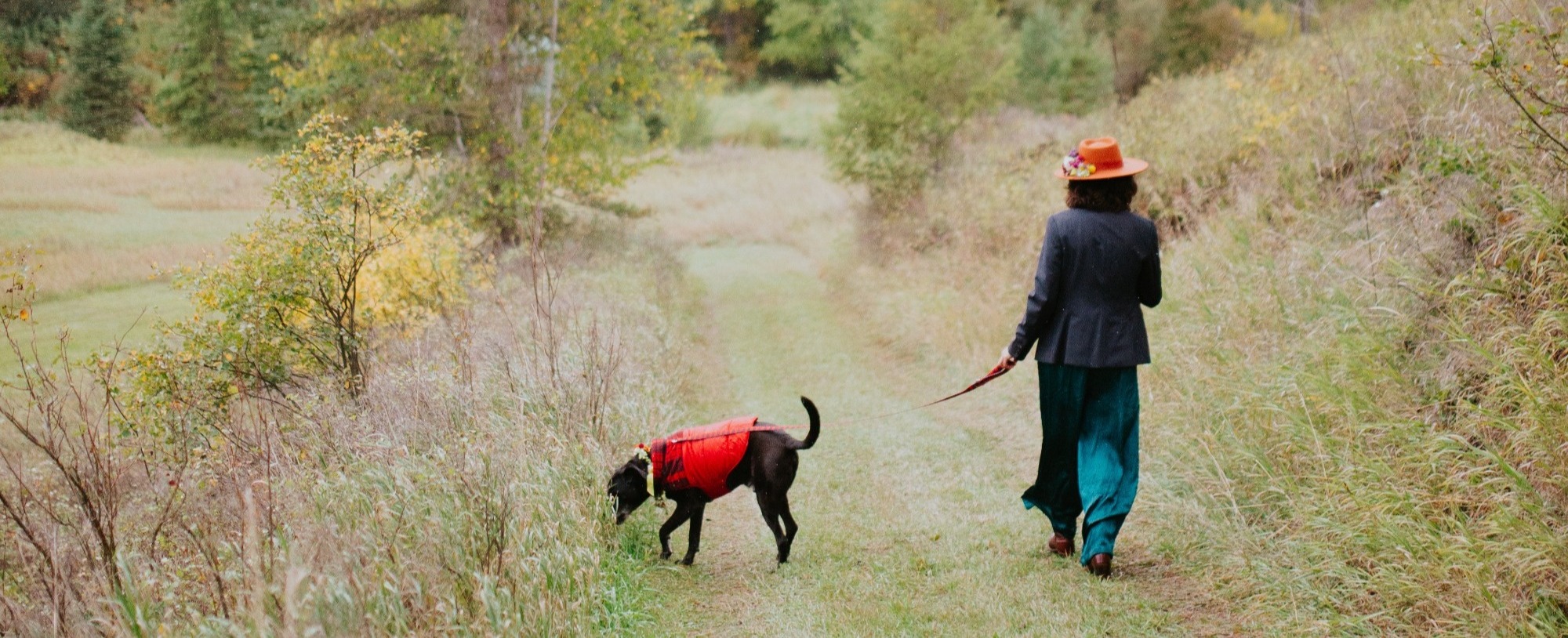 Andy and Porter walk in a field.